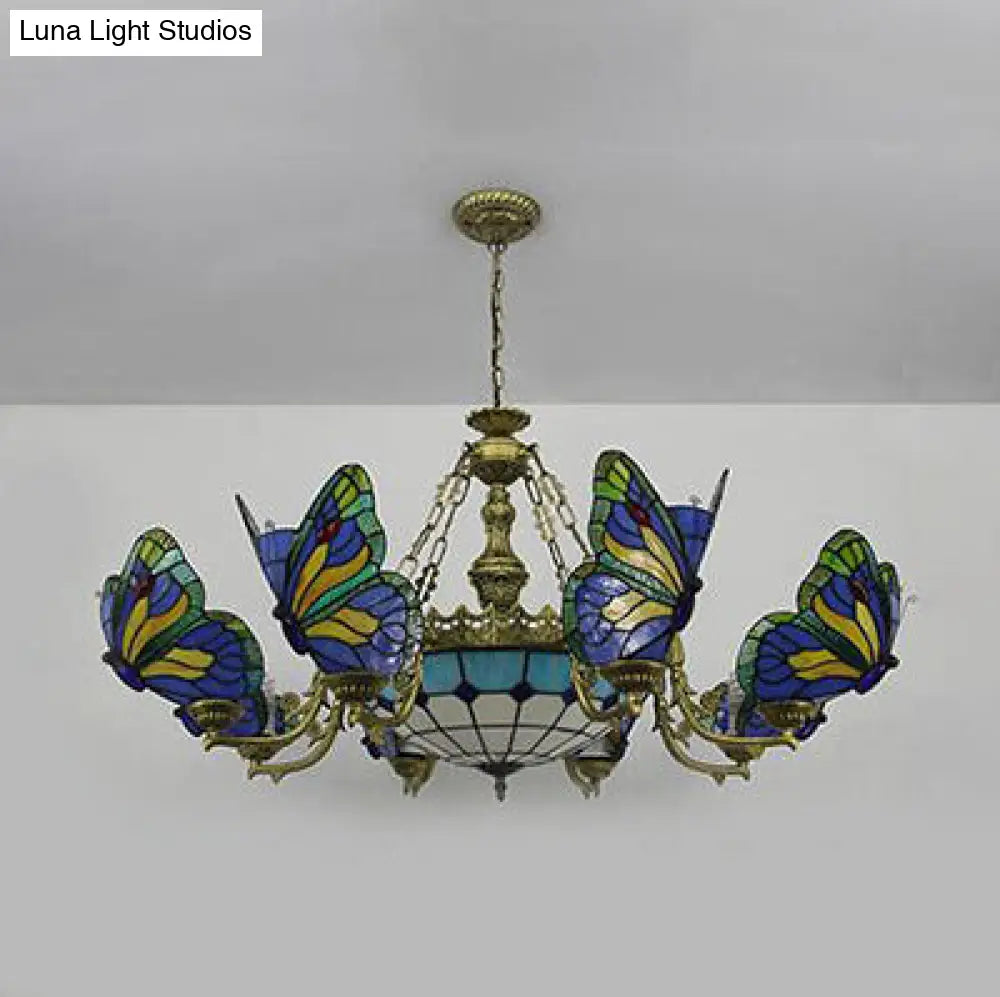 Dome Chandelier Lamp - White/Clear/Beige With Butterfly Stained Glass Tiffany Indoor Hanging Light