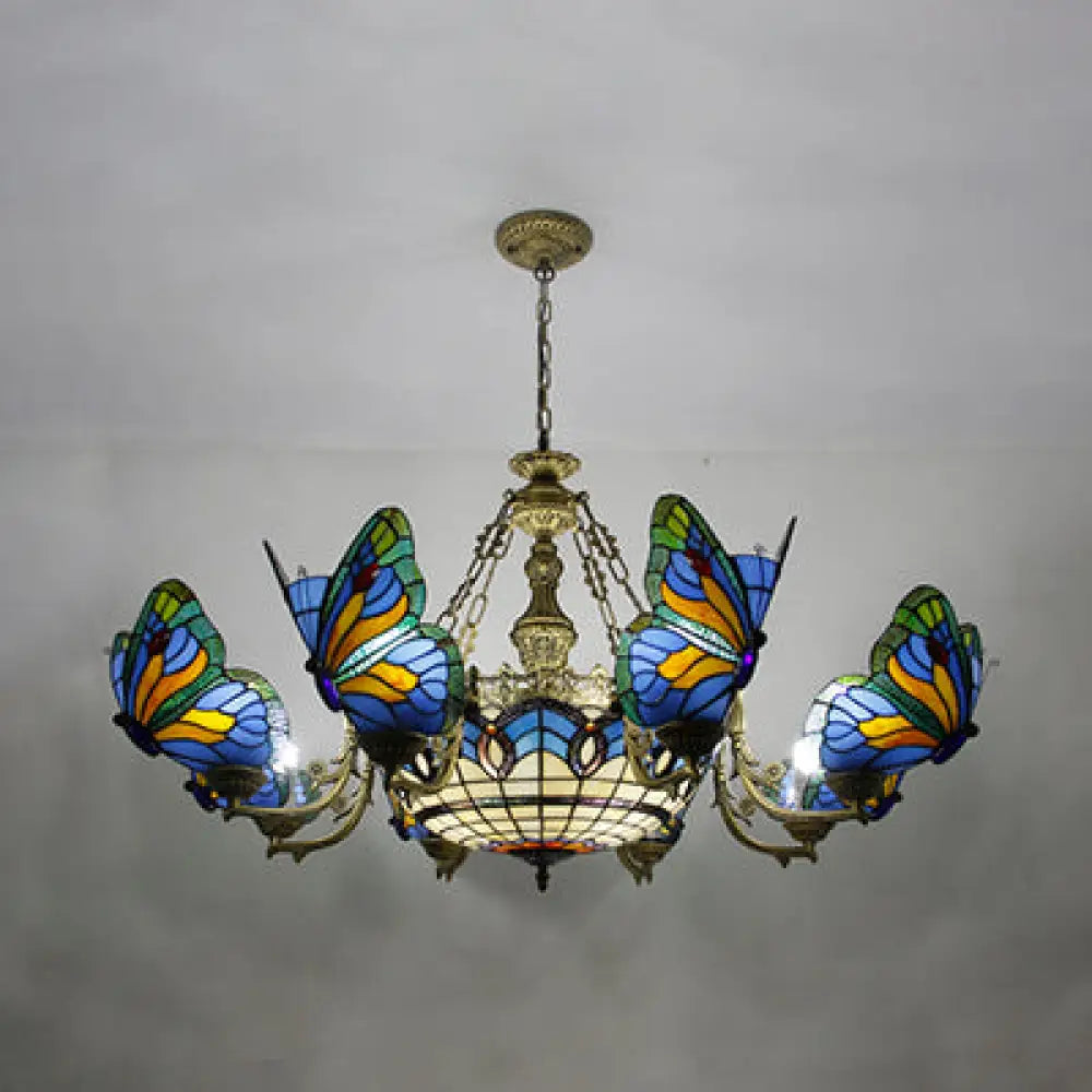 Butterfly Stained Glass Dome Chandelier With Tiffany Style Indoor Hanging Light For Foyer In