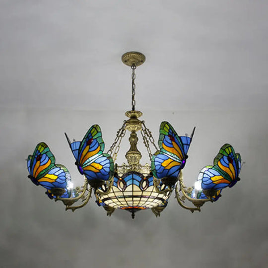 Butterfly Stained Glass Dome Chandelier With Tiffany Style Indoor Hanging Light For Foyer In