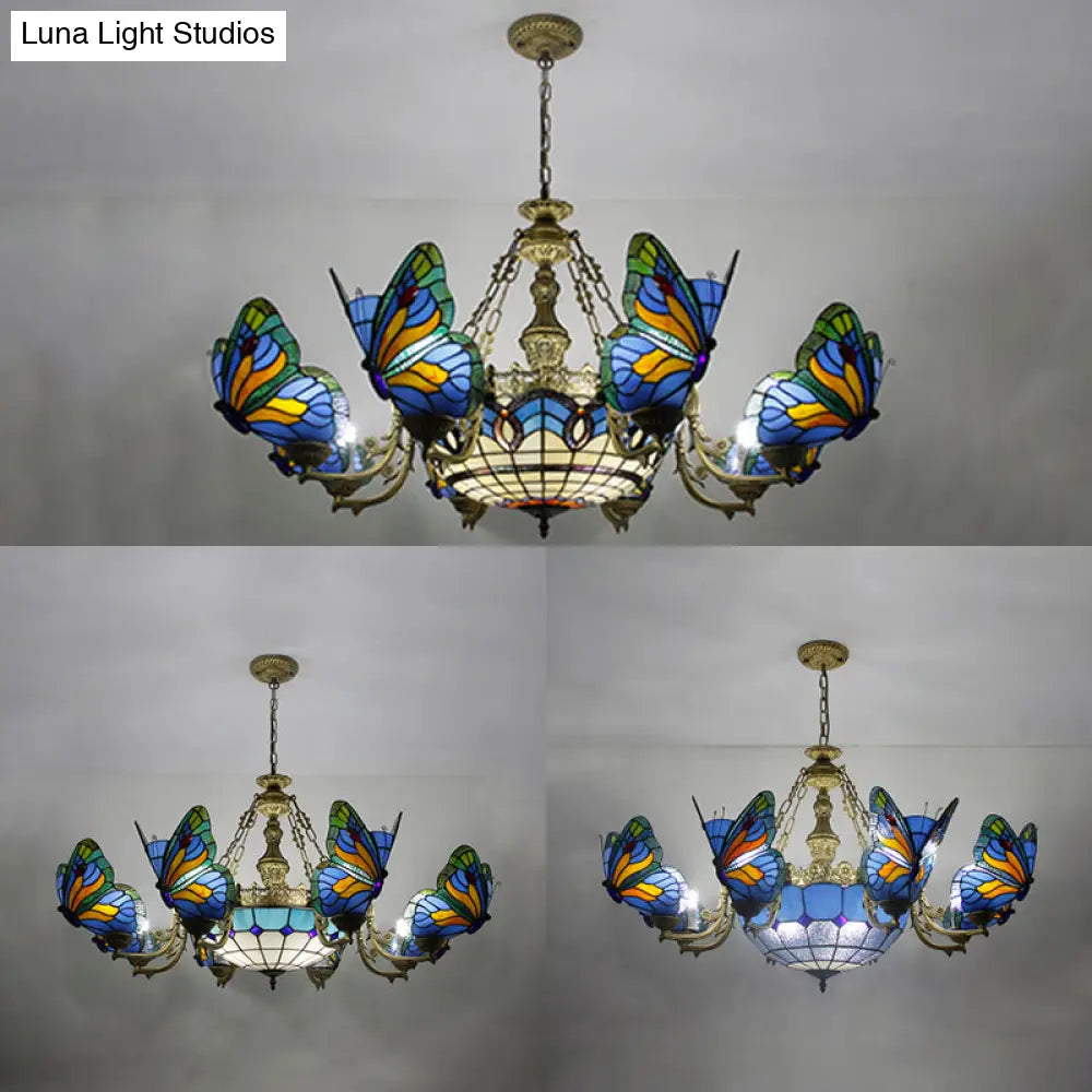 Butterfly Stained Glass Dome Chandelier With Tiffany Style Indoor Hanging Light For Foyer In