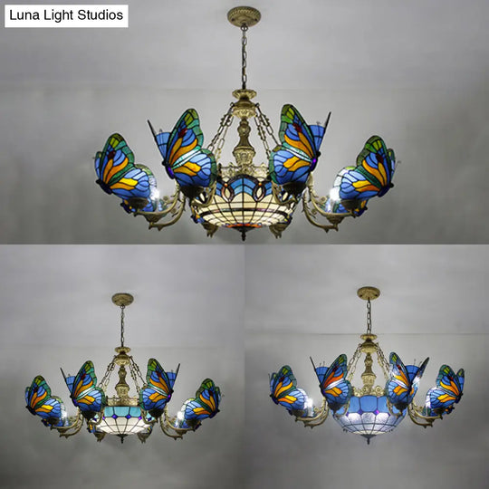 Butterfly Stained Glass Dome Chandelier With Tiffany Style Indoor Hanging Light For Foyer In