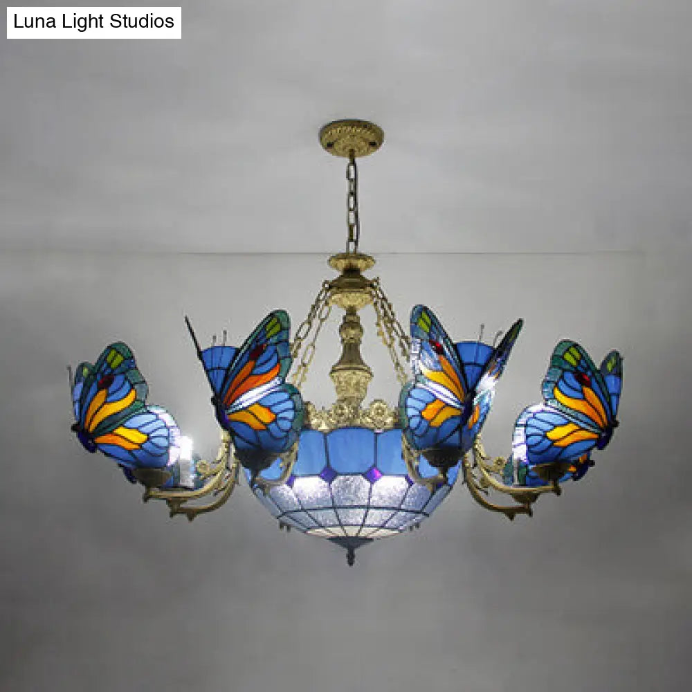 Dome Chandelier Lamp - White/Clear/Beige With Butterfly Stained Glass Tiffany Indoor Hanging Light
