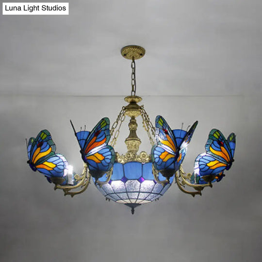 Dome Chandelier Lamp - White/Clear/Beige With Butterfly Stained Glass Tiffany Indoor Hanging Light