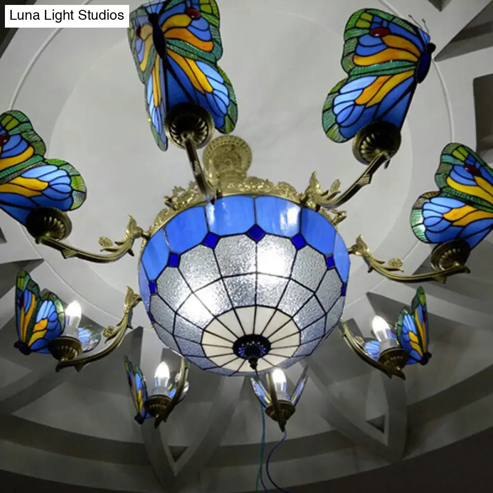 Dome Chandelier Lamp - White/Clear/Beige With Butterfly Stained Glass Tiffany Indoor Hanging Light