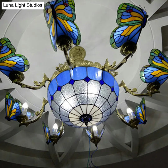 Dome Chandelier Lamp - White/Clear/Beige With Butterfly Stained Glass Tiffany Indoor Hanging Light
