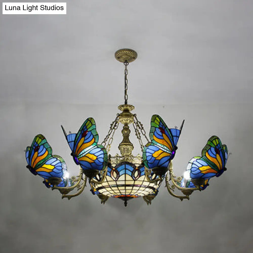 Dome Chandelier Lamp - White/Clear/Beige With Butterfly Stained Glass Tiffany Indoor Hanging Light