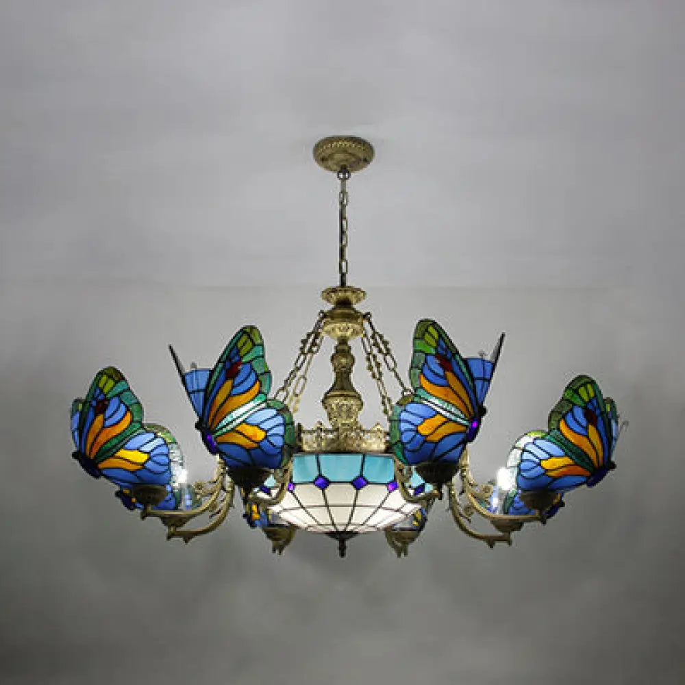 Butterfly Stained Glass Dome Chandelier With Tiffany Style Indoor Hanging Light For Foyer In