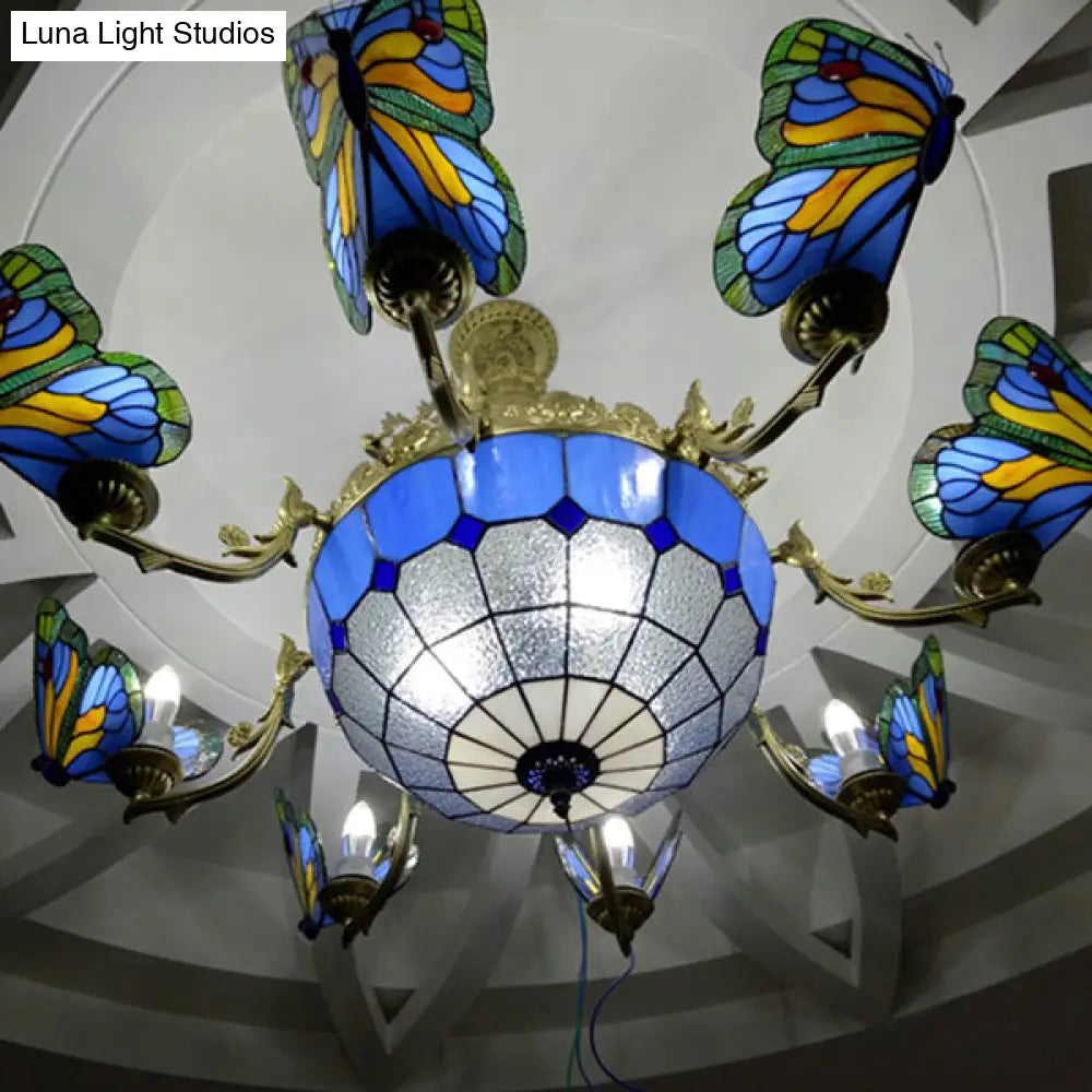 Butterfly Stained Glass Dome Chandelier With Tiffany Style Indoor Hanging Light For Foyer In