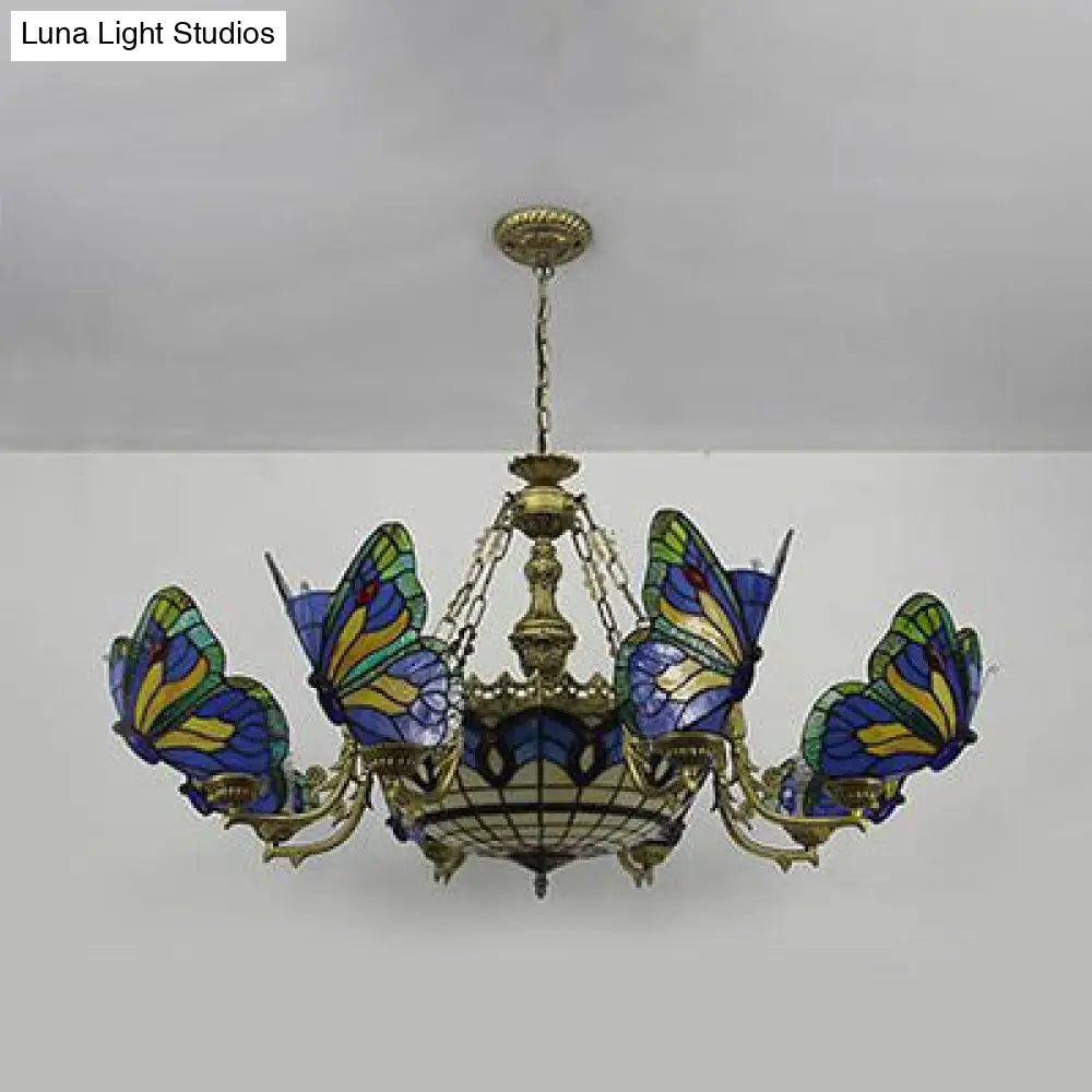 Dome Chandelier Lamp - White/Clear/Beige With Butterfly Stained Glass Tiffany Indoor Hanging Light