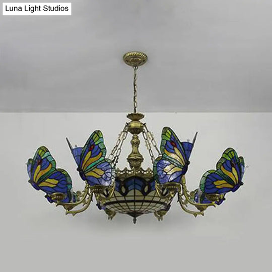 Dome Chandelier Lamp - White/Clear/Beige With Butterfly Stained Glass Tiffany Indoor Hanging Light