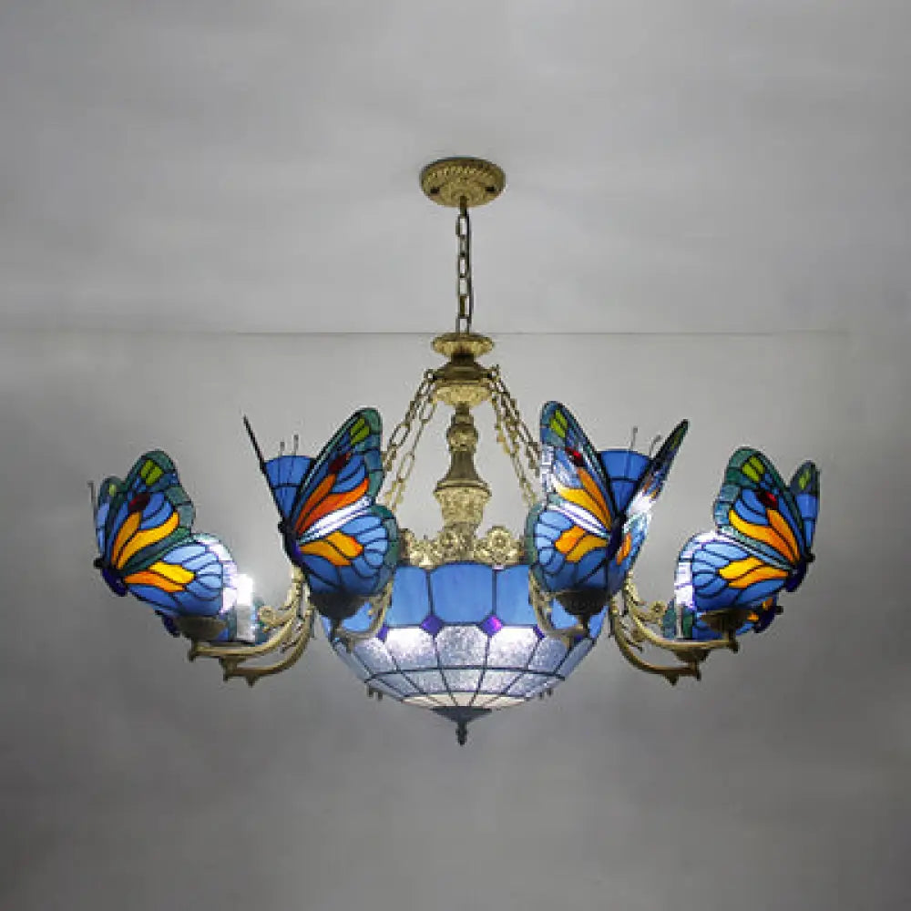Butterfly Stained Glass Dome Chandelier With Tiffany Style Indoor Hanging Light For Foyer In