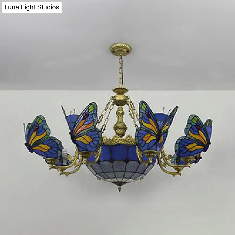 Dome Chandelier Lamp - White/Clear/Beige With Butterfly Stained Glass Tiffany Indoor Hanging Light