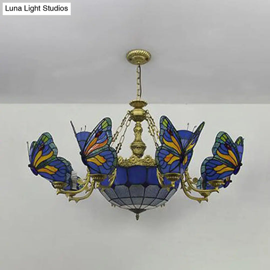 Dome Chandelier Lamp - White/Clear/Beige With Butterfly Stained Glass Tiffany Indoor Hanging Light