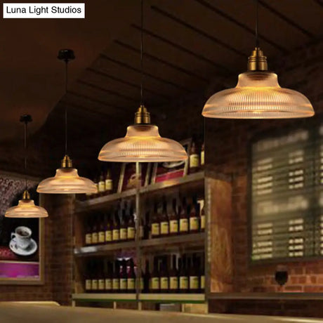 Cafe Pendant Lighting: Retro Bowl Shaped Clear Striped Glass Lamp With Brass Finish