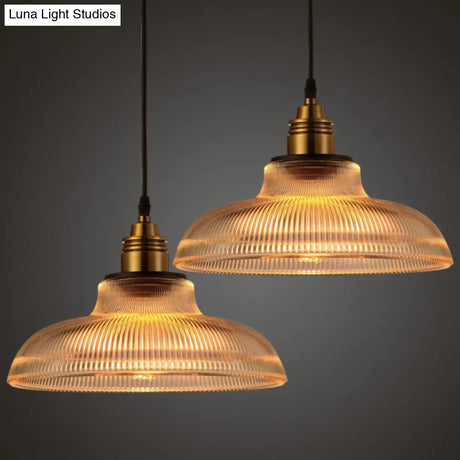 Cafe Pendant Lighting: Retro Bowl Shaped Clear Striped Glass Lamp With Brass Finish