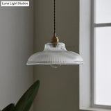 Cafe Pendant Lighting: Retro Bowl Shaped Clear Striped Glass Lamp With Brass Finish
