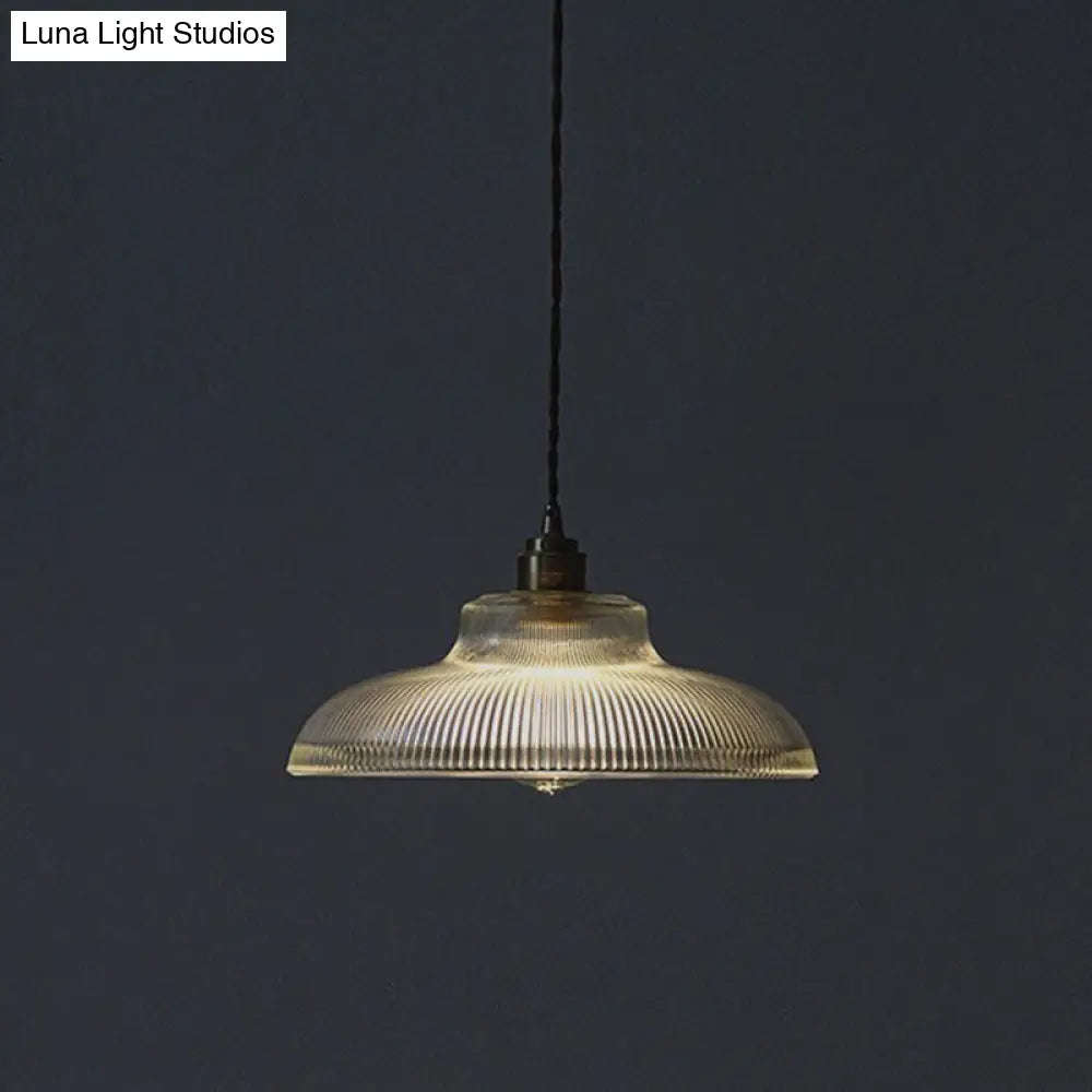 Cafe Pendant Lighting: Retro Bowl Shaped Clear Striped Glass Lamp With Brass Finish