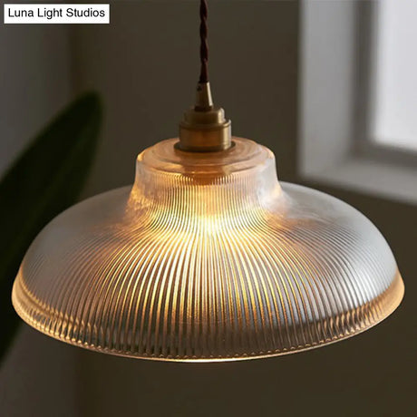 Cafe Pendant Lighting: Retro Bowl Shaped Clear Striped Glass Lamp With Brass Finish