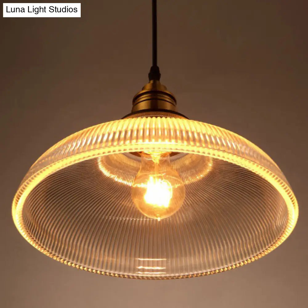 Cafe Pendant Lighting: Retro Bowl Shaped Clear Striped Glass Lamp With Brass Finish