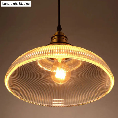 Cafe Pendant Lighting: Retro Bowl Shaped Clear Striped Glass Lamp With Brass Finish