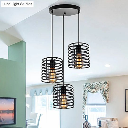 Industrial 3-Bulb Cage Shade Hanging Lamp In Black For Dining Rooms