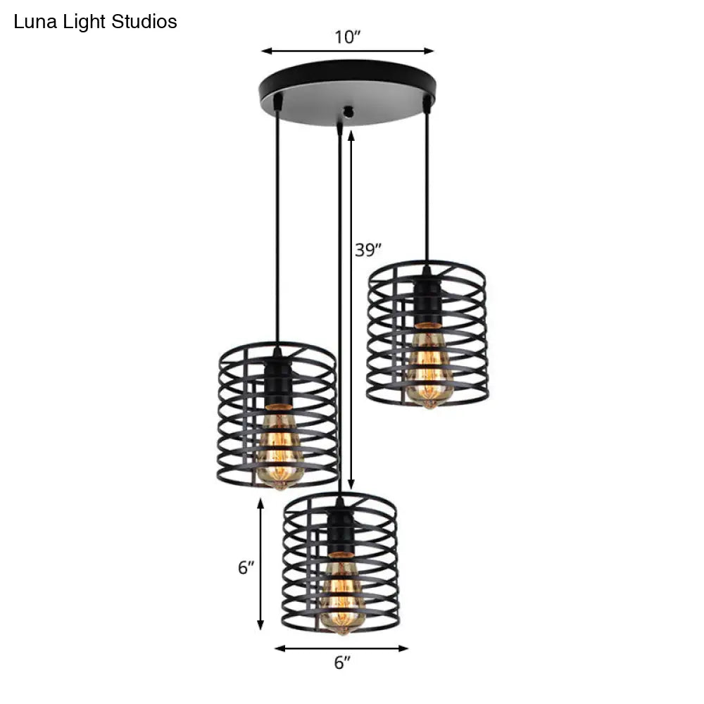 Industrial 3-Bulb Cage Shade Hanging Lamp In Black For Dining Rooms