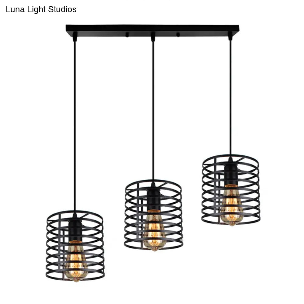 Cage Shade Industrial Hanging Light With 3 Bulbs - Cylindrical Metallic Lamp For Dining Room In