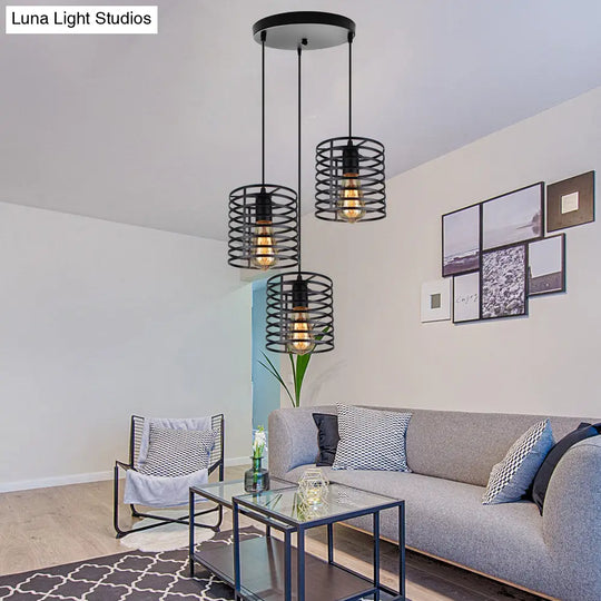 Cage Shade Industrial Hanging Light With 3 Bulbs - Cylindrical Metallic Lamp For Dining Room In