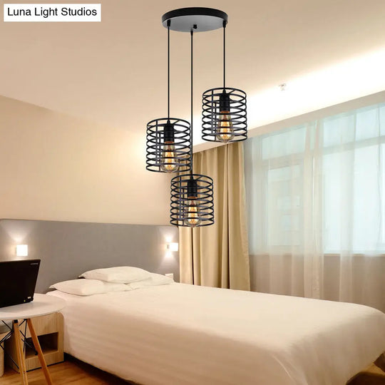 Industrial 3-Bulb Cage Shade Hanging Lamp In Black For Dining Rooms / Round