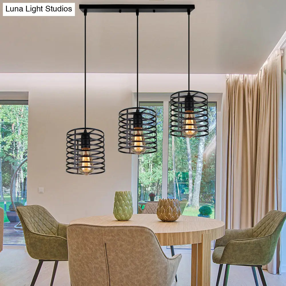 Cage Shade Industrial Hanging Light With 3 Bulbs - Cylindrical Metallic Lamp For Dining Room In