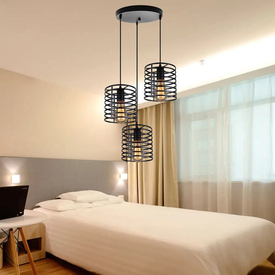 Cage Shade Industrial Hanging Light With 3 Bulbs - Cylindrical Metallic Lamp For Dining Room In