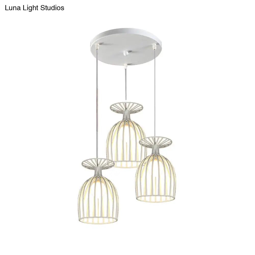Industrial Metal Pendant Light With Wine Glass Cage Shade - 3 Lights Black/White Perfect For Dining