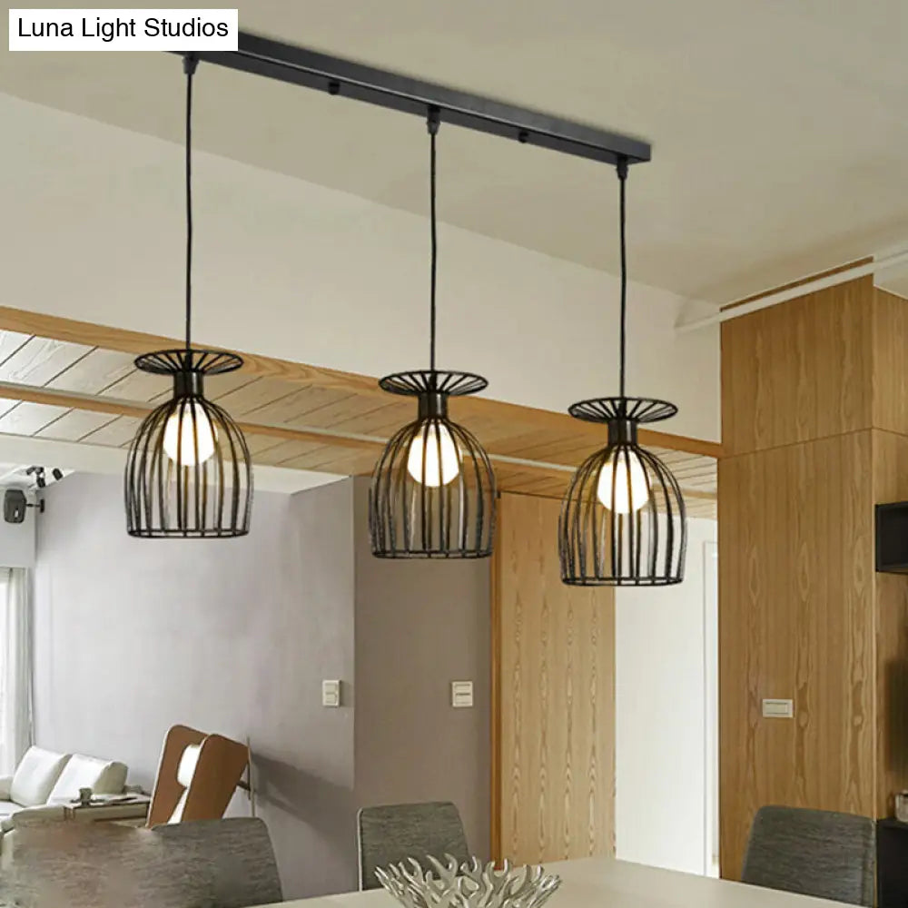 Industrial Metal Pendant Light With Wine Glass Cage Shade - 3 Lights Black/White Perfect For Dining