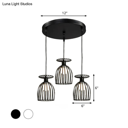 Industrial Metal Pendant Light With Wine Glass Cage Shade - 3 Lights Black/White Perfect For Dining