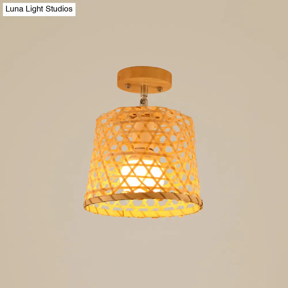 Cage Style Asian Bamboo Ceiling Light - Wood Semi Flush Single-Bulb Aisle Mounted / Birdcage