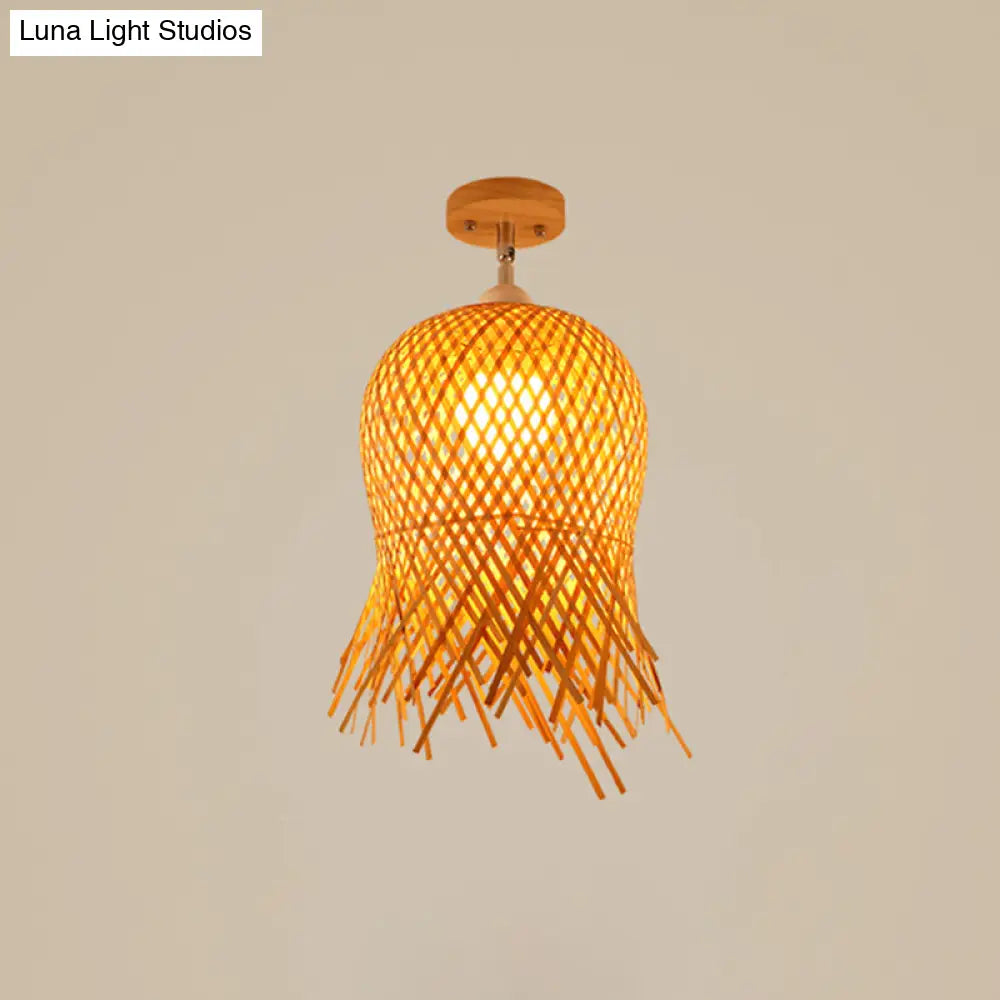Cage Style Asian Bamboo Ceiling Light - Wood Semi Flush Single-Bulb Aisle Mounted / Fish