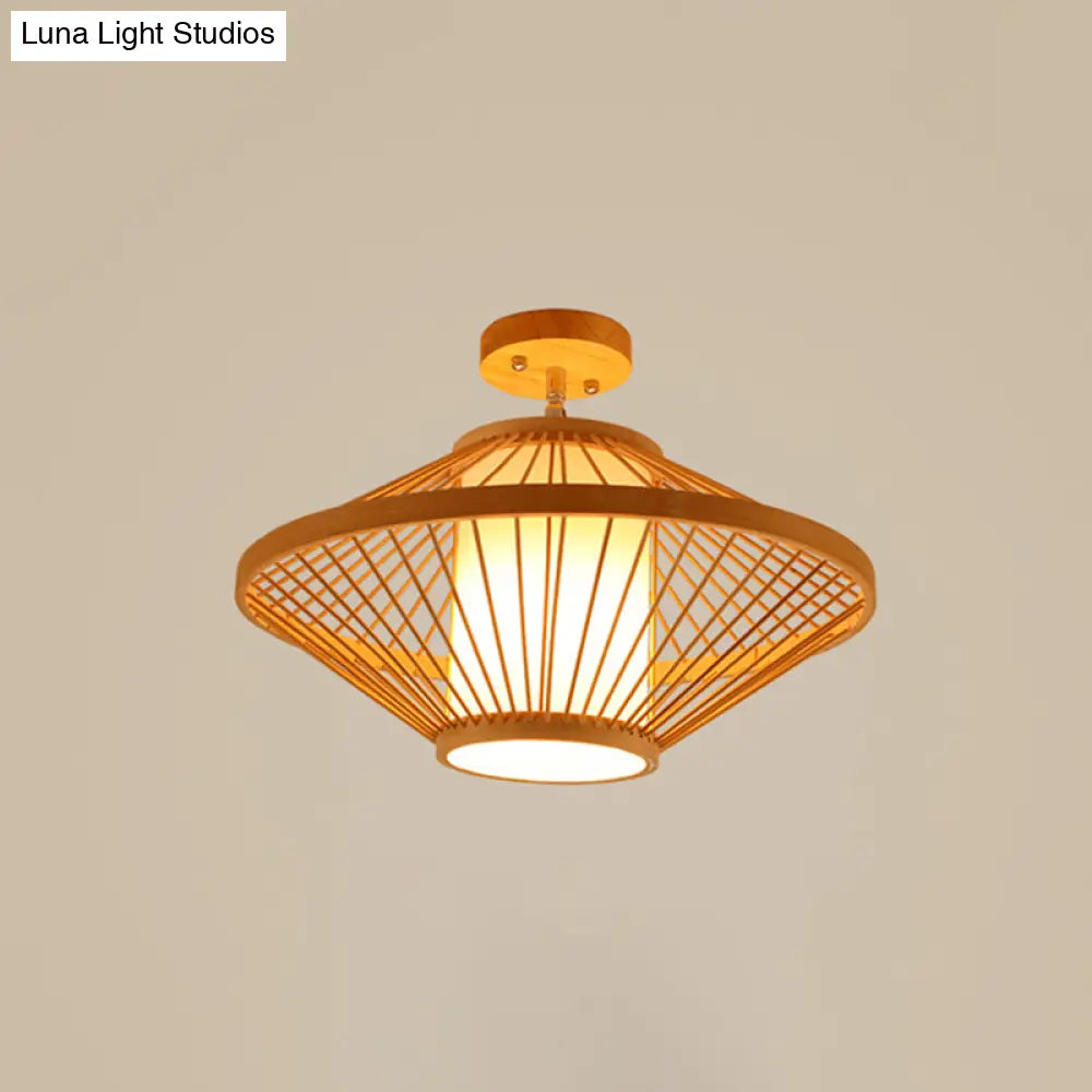 Cage Style Asian Bamboo Ceiling Light - Wood Semi Flush Single-Bulb Aisle Mounted / Gyro