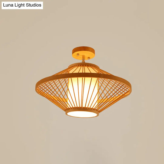 Cage Style Asian Bamboo Ceiling Light - Wood Semi Flush Single-Bulb Aisle Mounted / Gyro