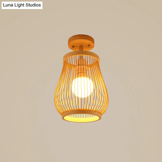 Cage Style Asian Bamboo Ceiling Light - Wood Semi Flush Single-Bulb Aisle Mounted / Lantern