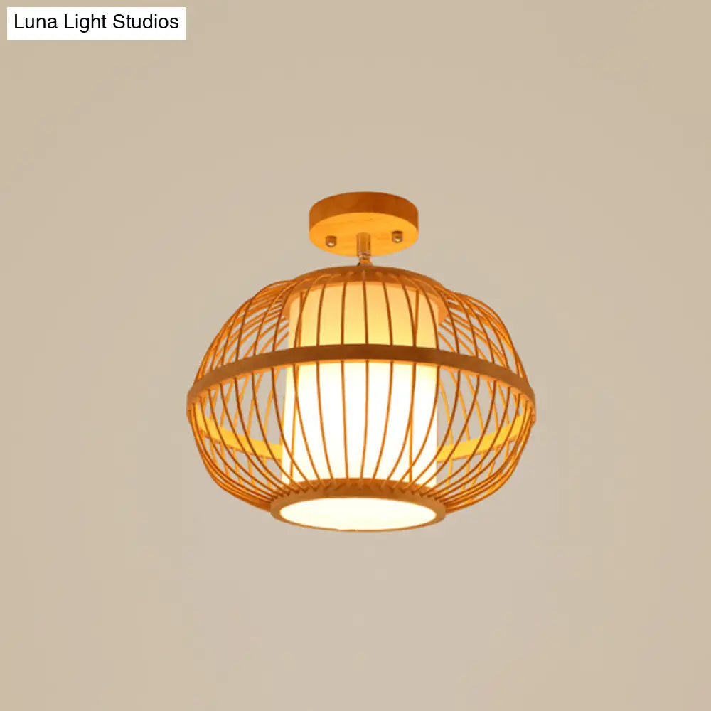 Cage Style Asian Bamboo Ceiling Light - Wood Semi Flush Single-Bulb Aisle Mounted / Oval