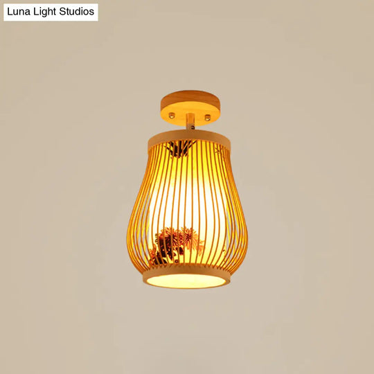 Cage Style Asian Bamboo Ceiling Light - Wood Semi Flush Single-Bulb Aisle Mounted / Plant