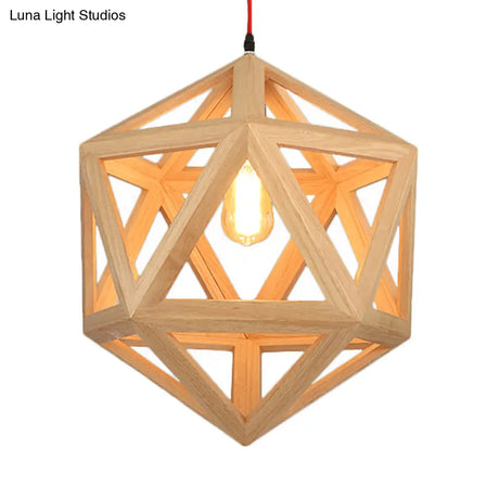 Cage Wood Pendant Light For Dining Room - 1-Head Ceiling Fixture In 15/19 Size