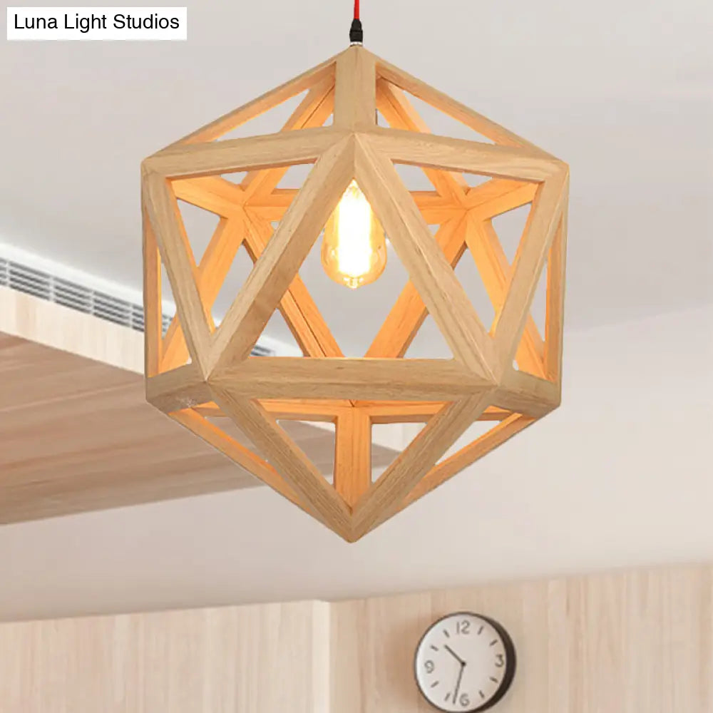 Cage Wood Pendant Light For Dining Room - 1-Head Ceiling Fixture In 15/19 Size