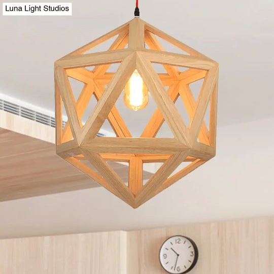 Cage Wood Pendant Light For Dining Room - 1-Head Ceiling Fixture In 15/19 Size