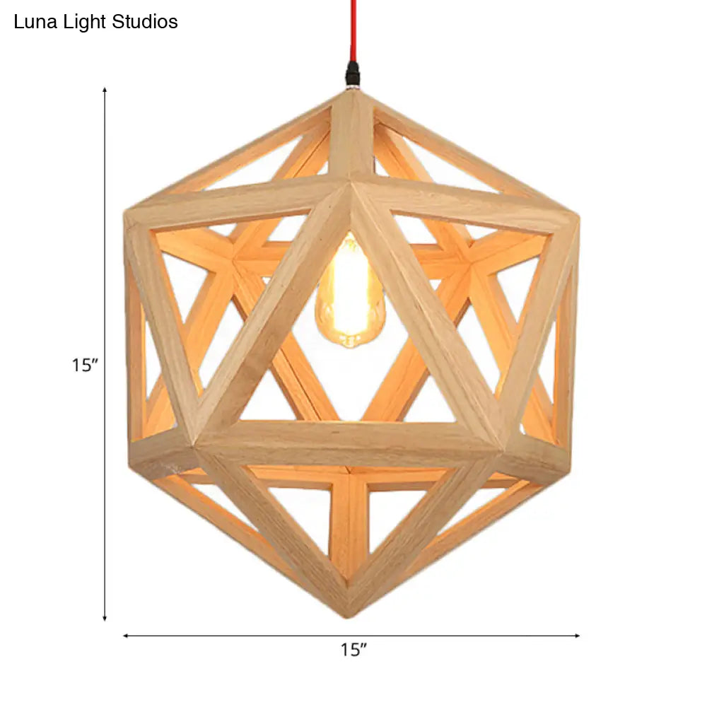 Cage Wood Pendant Light For Dining Room - 1-Head Ceiling Fixture In 15/19 Size