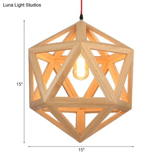 Cage Wood Pendant Light For Dining Room - 1-Head Ceiling Fixture In 15/19 Size