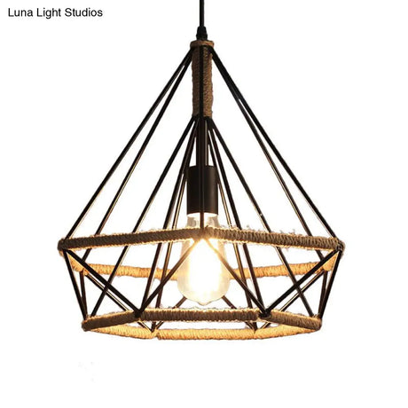 Caged Diamond Pendant Light In Vintage Metal & Rope With Adjustable Cord For Dining Room