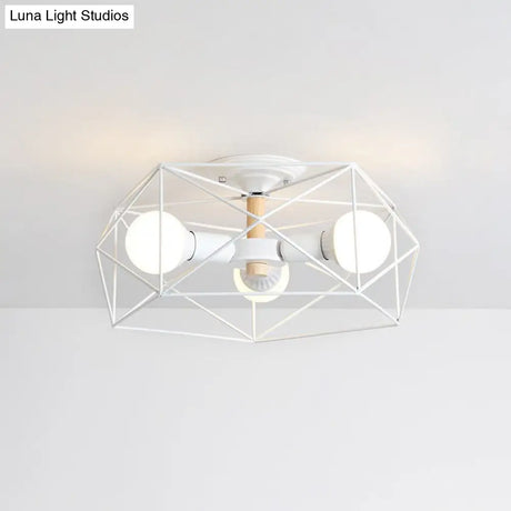Caged Opal Glass Semi Mount Industrial Ceiling Light In Black/White - 3/4/5 Bulb Living Room