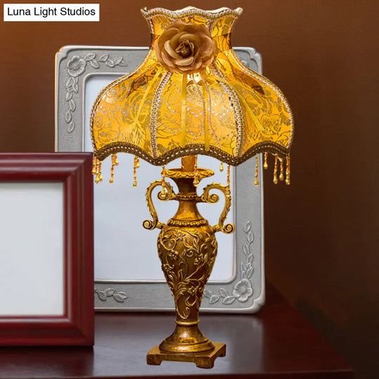 Classic Two-Handled Vase Table Lamp With Fabric Shade In Gold - Resin Nightstand Light