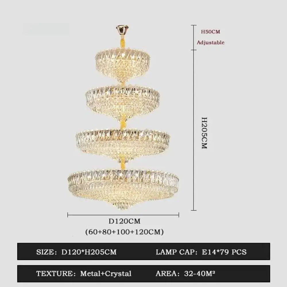 Camille French Luxury Long Crystal Chandelier Gold LED Grand Lobby Light 4 levels-D120xH205CM / neutral light 4000k